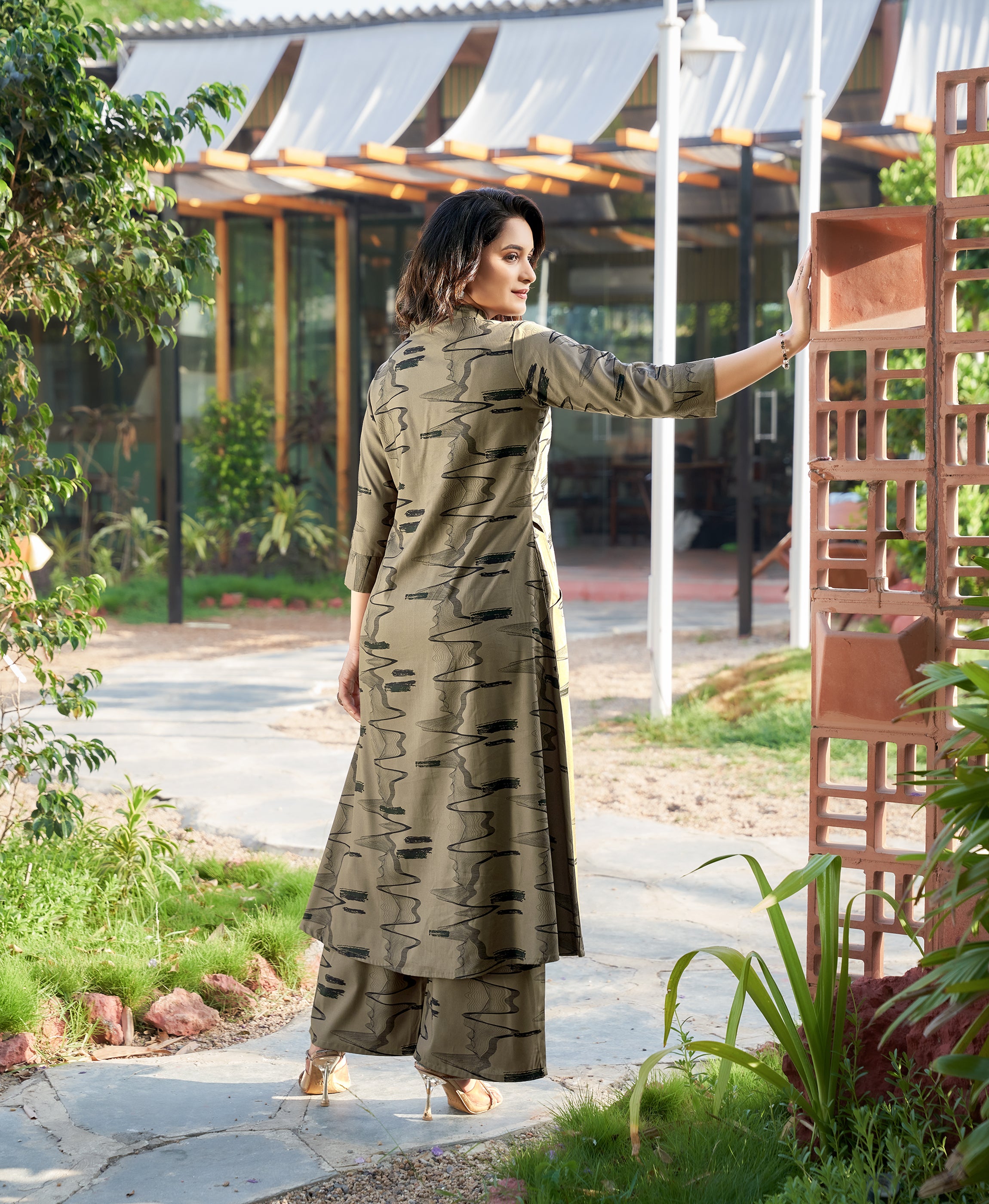 Khaki Rayon Blend Abstract Print A-line Top with Full Length Abstract Print Palazzo Co-Ord Set
